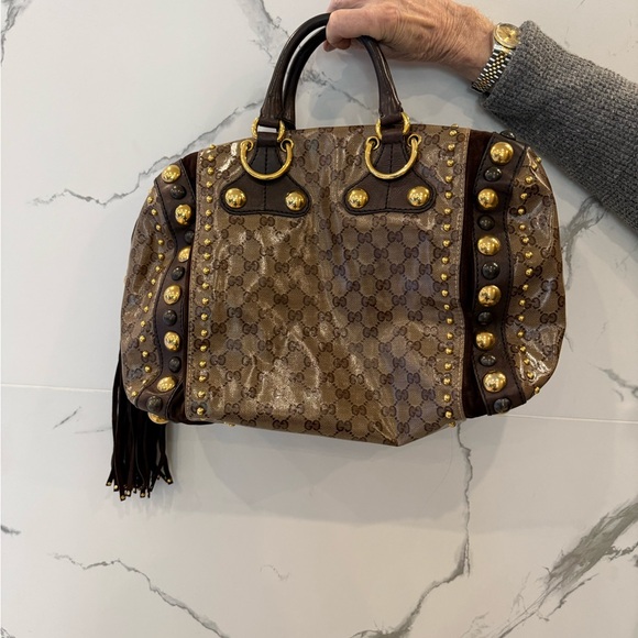Vintage Gucci Brown Shoulder Bag with Gold Accents - Picture 3 of 6